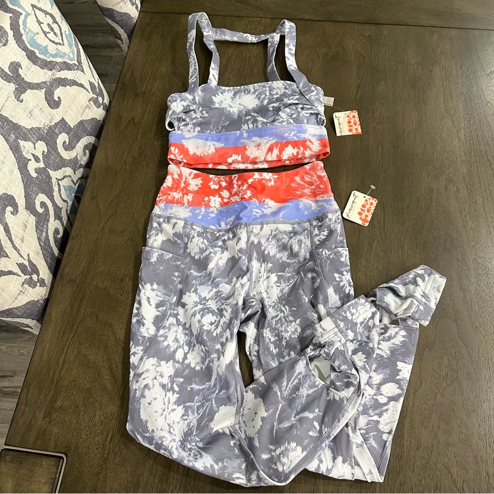 Women’s Tie-Dye High-Waist Leggings & Sports Bra Set - Gray with Coral Accent